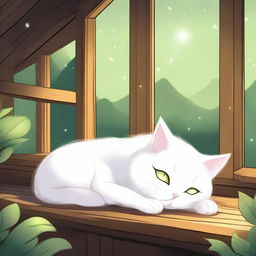 A fluffy white anime-style cat with bright green eyes sleeping at night with a background of a wooden house and fireflies flying above the cat