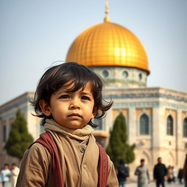 A young child crying with the backdrop of Al-Aqsa Mosque