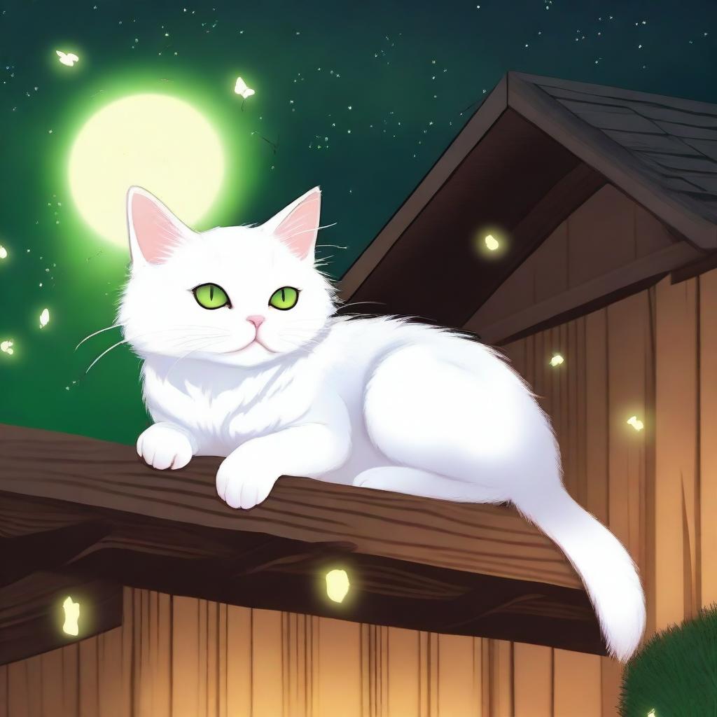 A fluffy white anime-style cat with bright green eyes sleeping at night on a wooden roof with fireflies flying above the cat