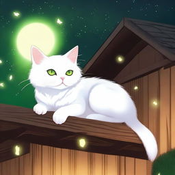 A fluffy white anime-style cat with bright green eyes sleeping at night on a wooden roof with fireflies flying above the cat