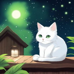 A fluffy white anime-style cat with bright green eyes sleeping at night on a wooden roof with fireflies flying above the cat