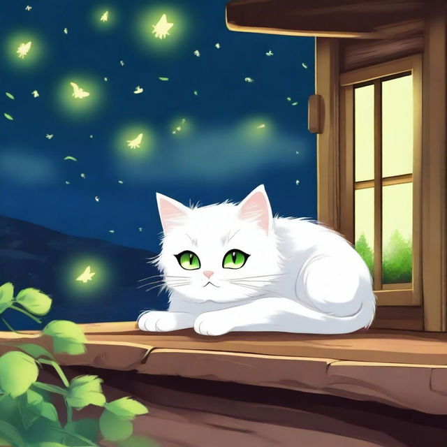 A fluffy white anime-style cat with bright green eyes sleeping at night on a wooden roof with fireflies flying above the cat