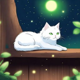 A fluffy white anime-style cat with bright green eyes sleeping at night on a wooden roof with fireflies flying above the cat