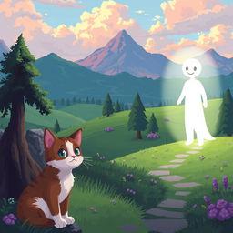 An idyllic landscape with a luminous figure and a cat in the foreground