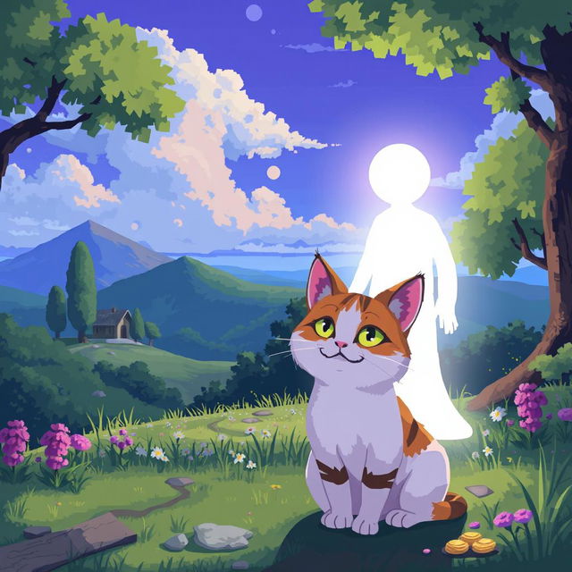 An idyllic landscape with a luminous figure and a cat in the foreground