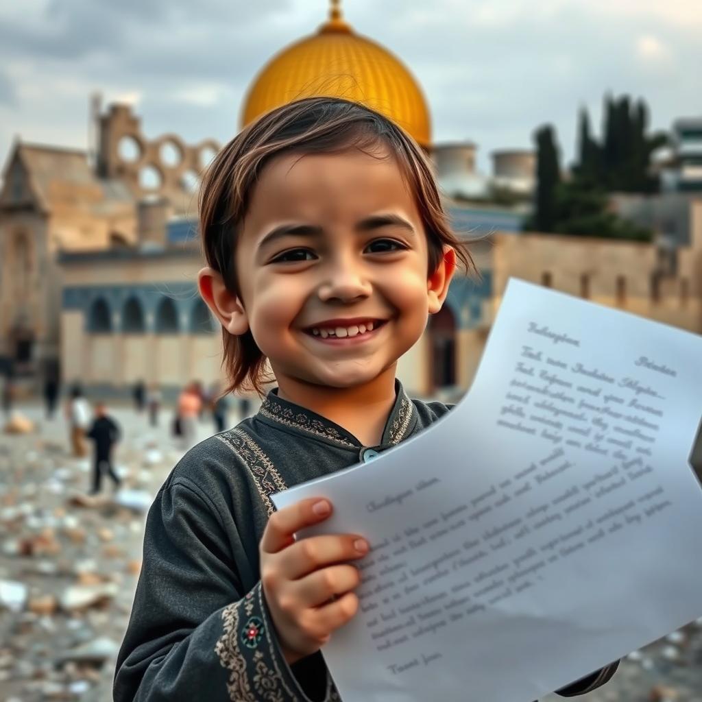 A young child smiling while holding out a letter, with the backdrop of Al-Aqsa Mosque in a war-torn setting