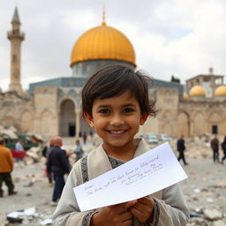 A young child smiling while holding out a letter, with the backdrop of Al-Aqsa Mosque in a war-torn setting