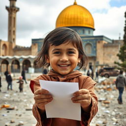 A young child smiling while holding out a letter, with the backdrop of Al-Aqsa Mosque in a war-torn setting