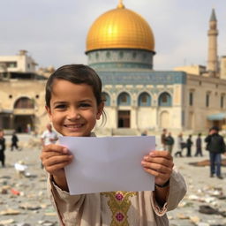 A young child smiling while holding out a letter, with the backdrop of Al-Aqsa Mosque in a war-torn setting