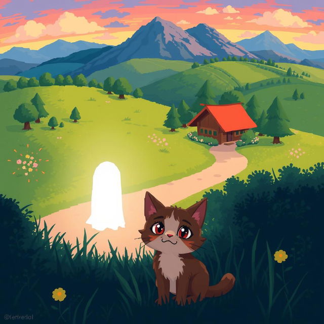 An idyllic landscape with a luminous figure and a cat in the foreground