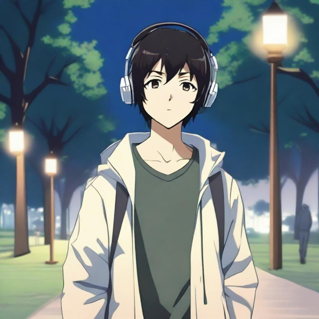 An anime boy with black hair walking with headphones that say 'yingXX' while listening to music in a park at dusk