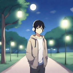 An anime boy with black hair walking with headphones that say 'yingXX' while listening to music in a park at dusk