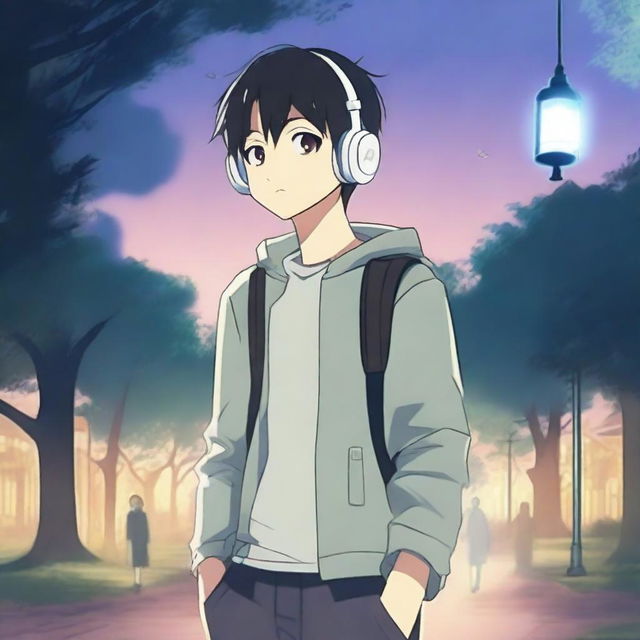 An anime boy with black hair walking with headphones that say 'yingXX' while listening to music in a park at dusk