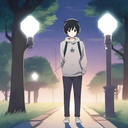 An anime boy with black hair walking with headphones that say 'yingXX' while listening to music in a park at dusk