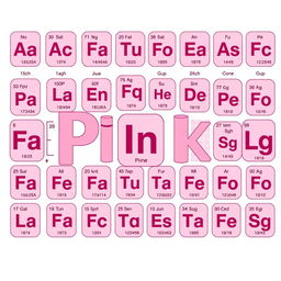 A detailed illustration of various chemical elements represented with a pink color scheme