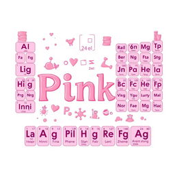 A detailed illustration of various chemical elements represented with a pink color scheme