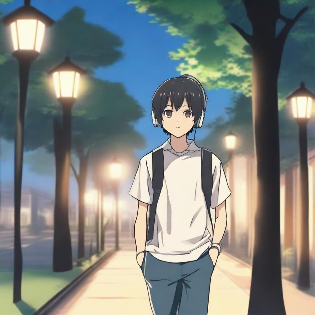 An anime boy with black hair walking with headphones that say 'yingXX AND jhan' in a park at dusk