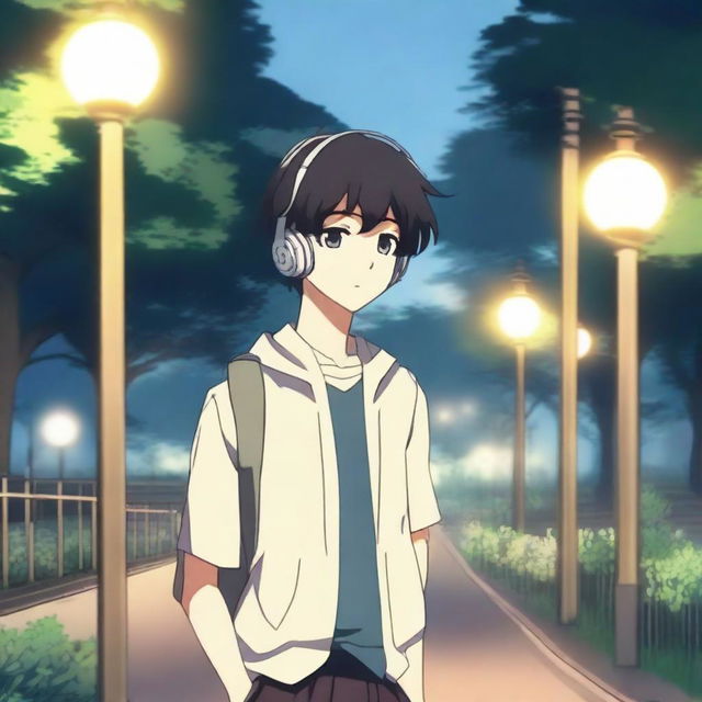 An anime boy with black hair walking with headphones that say 'yingXX AND jhan' in a park at dusk