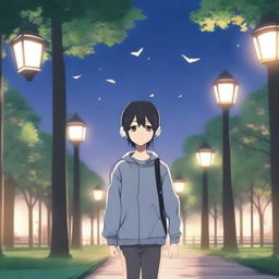 An anime boy with black hair walking with headphones that say 'yingXX AND jhan' in a park at dusk