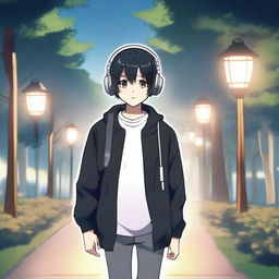 An anime boy with black hair walking with headphones that say 'yingXX AND jhan' in a park at dusk