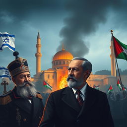 Sultan Abdul Hamid II, Netanyahu, and Theodore Herzl with the backdrop of Al-Aqsa Mosque on fire