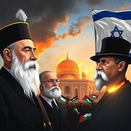 Sultan Abdul Hamid II, Netanyahu, and Theodore Herzl with the backdrop of Al-Aqsa Mosque on fire