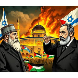 Sultan Abdul Hamid II, Netanyahu, and Theodore Herzl with the backdrop of Al-Aqsa Mosque on fire