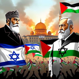 Sultan Abdul Hamid II, Netanyahu, and Theodore Herzl with the backdrop of Al-Aqsa Mosque on fire