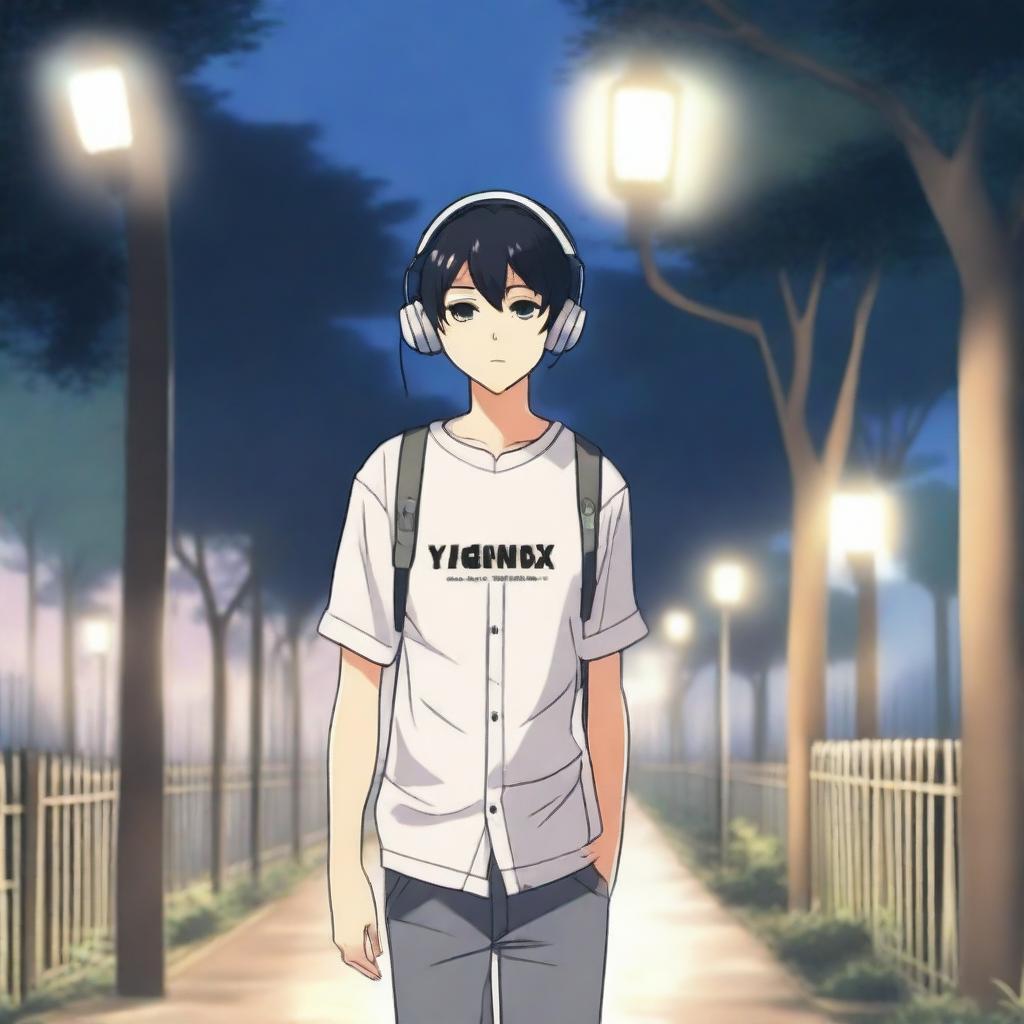 An anime-style boy with black hair walking with headphones on, wearing a shirt that has 'yingXX AND jhan' written on it