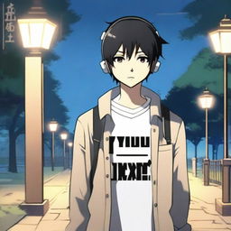 An anime-style boy with black hair walking with headphones on, wearing a shirt that has 'yingXX AND jhan' written on it