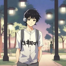 An anime-style boy with black hair walking with headphones on, wearing a shirt that has 'yingXX AND jhan' written on it