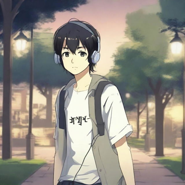 An anime-style boy with black hair walking with headphones on, wearing a shirt that has 'yingXX AND jhan' written on it