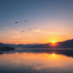 A serene landscape featuring a beautiful sunrise over a peaceful lake, with mountains in the background and a few birds flying in the sky