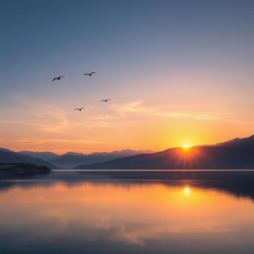 A serene landscape featuring a beautiful sunrise over a peaceful lake, with mountains in the background and a few birds flying in the sky