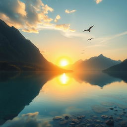 A serene landscape featuring a beautiful sunrise over a peaceful lake, with mountains in the background and a few birds flying in the sky