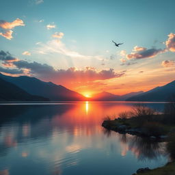 A serene landscape featuring a beautiful sunrise over a peaceful lake, with mountains in the background and a few birds flying in the sky