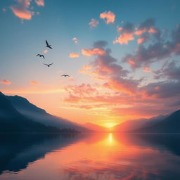 A serene landscape featuring a beautiful sunrise over a peaceful lake, with mountains in the background and a few birds flying in the sky