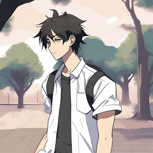 Un chico de estilo anime con pelo negro caminando con audífonos puestos, llevando una camisa que tiene escrito 'yingXX AND jhan' en español