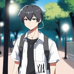 Un chico de estilo anime con pelo negro caminando con audífonos puestos, llevando una camisa que tiene escrito 'yingXX AND jhan' en español