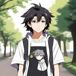 Un chico de estilo anime con pelo negro caminando con audífonos puestos, llevando una camisa que tiene escrito 'yingXX AND jhan' en español