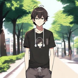 Un chico de estilo anime con pelo negro caminando con audífonos puestos, llevando una camisa que tiene escrito 'yingXX AND jhan' en español