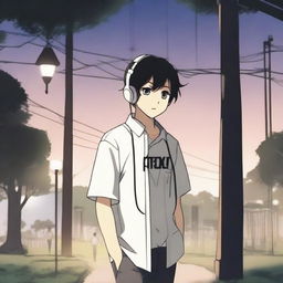 An anime-style boy with black hair walking with headphones on, wearing a shirt that says 'yingXX' in Spanish