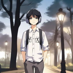 An anime-style boy with black hair walking with headphones on, wearing a shirt that says 'yingXX' in Spanish