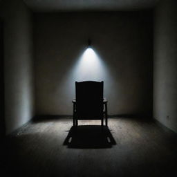 A dimly lit room with a single spotlight casting a focused light on a lonely person sitting in a chair, looking distressed. Their eyes reflect dread as they stare at an unseen, terrifying presence.