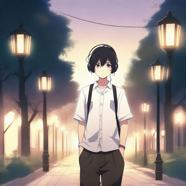 An anime-style boy with black hair walking with headphones on, wearing a shirt that says 'yingXX' in Spanish