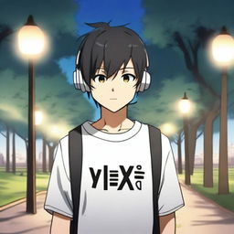 An anime-style boy with black hair walking with headphones on, wearing a shirt that says 'yingXX' in Spanish