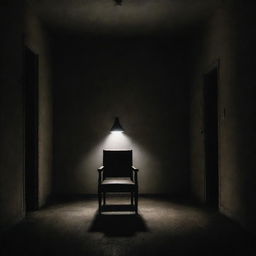 A dimly lit room with a single spotlight casting a focused light on a lonely person sitting in a chair, looking distressed. Their eyes reflect dread as they stare at an unseen, terrifying presence.