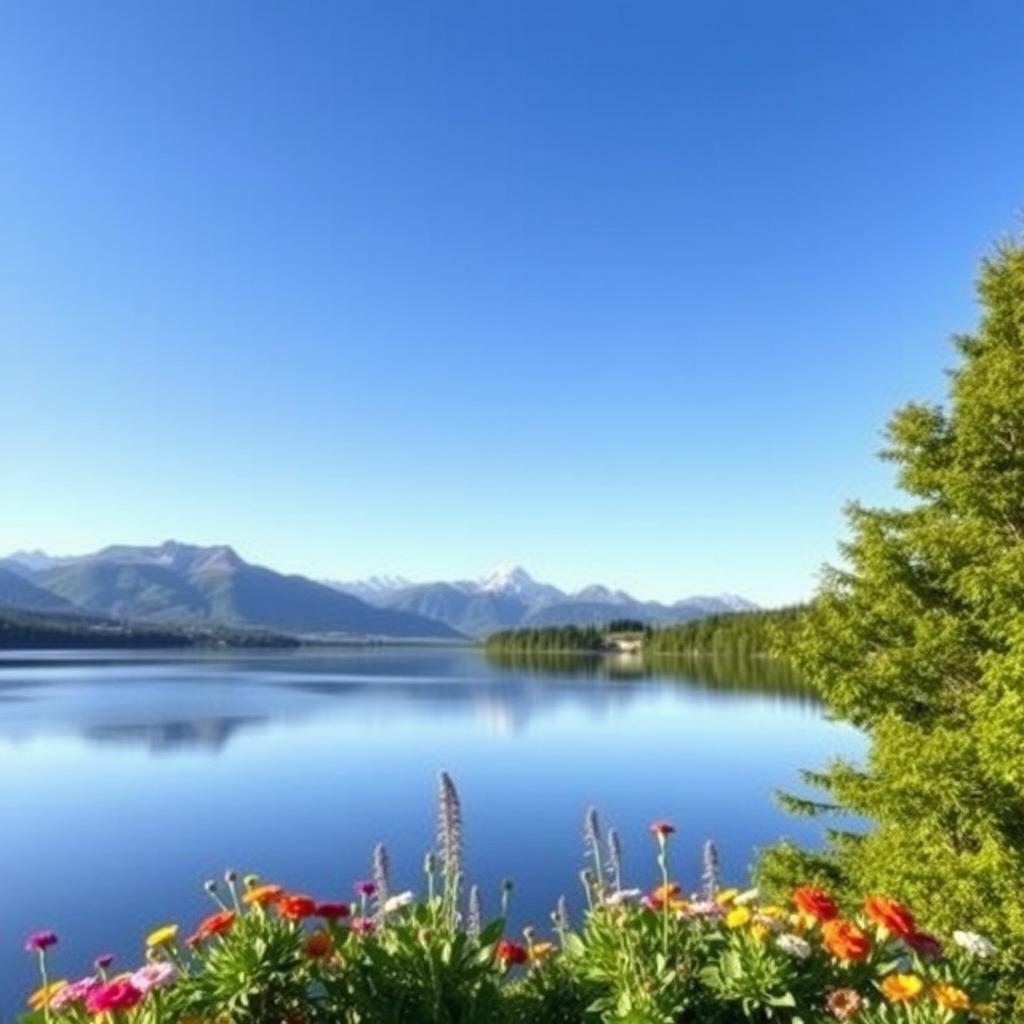 Generate an image of a serene landscape with mountains in the background, a clear blue sky, and a calm lake reflecting the scenery