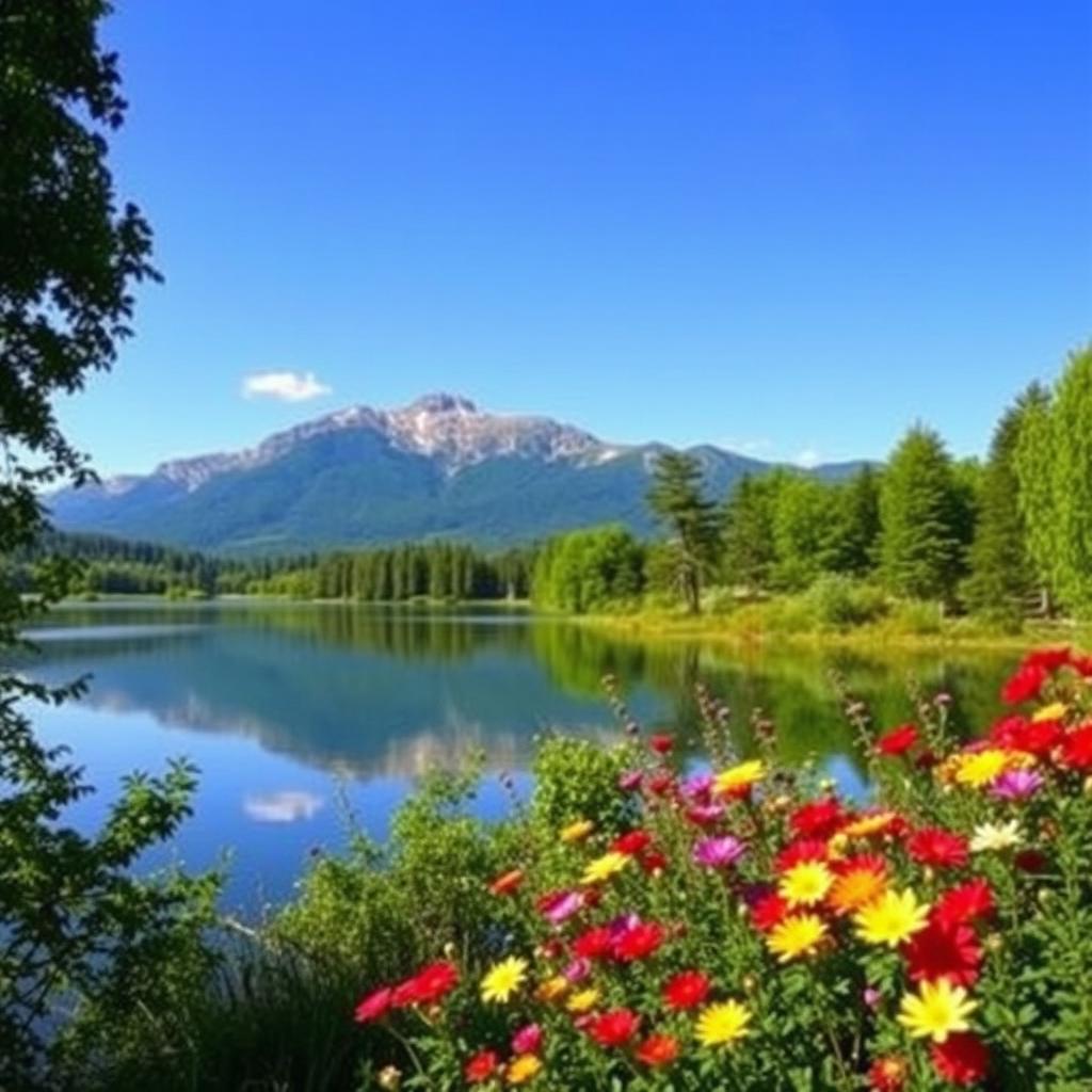 Generate an image of a serene landscape with mountains in the background, a clear blue sky, and a calm lake reflecting the scenery