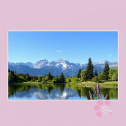 Generate an image of a serene landscape with mountains in the background, a clear blue sky, and a calm lake reflecting the scenery